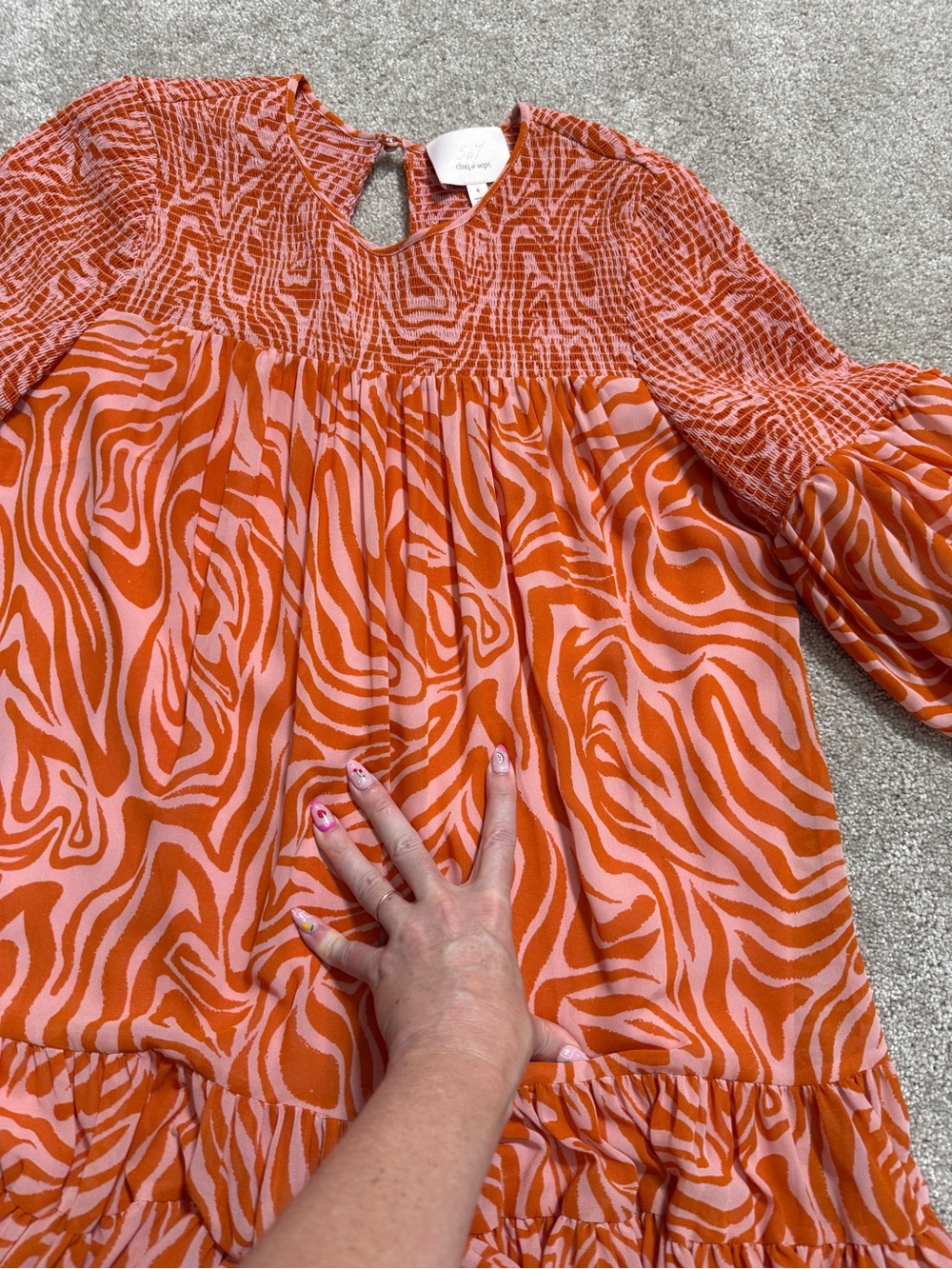 Cinq A Sept | Pink and Orange Zebra-Print Mini Dress | Smocked | size 4 - Picture 10 of 15